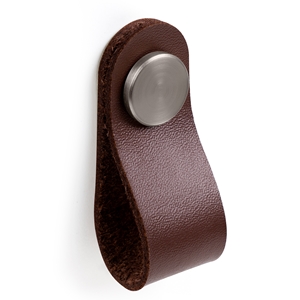 knob of natural leather chocolate brown matt stainless steel metal button