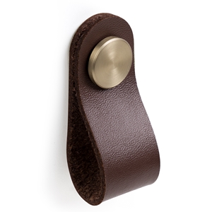 knob of natural leather chocolate brown satin brass metal button