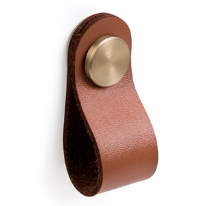 knob of natural leather brown leather button metal brass satin finish