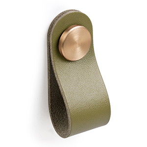 knob of natural leather green button metal brass satin finish