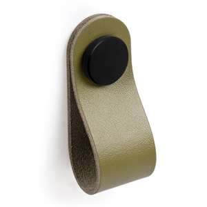 knob of natural leather green metal button black