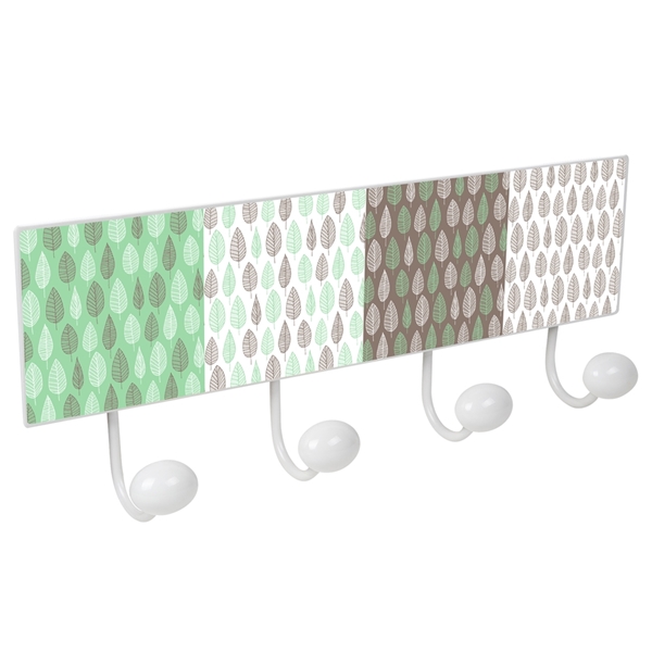 wall metal hanger white 4 porcelain knobs green brown leafs patere mur en metal blanc 4 boutons porcelaine feuilles