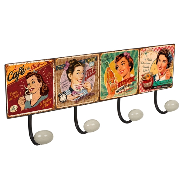 percha pared metal diseño cartel retro vintage decoracion mujer usa food pin up con 4 ganchos porcelana patere mur en metal 4 boutons porcelaine vintage food