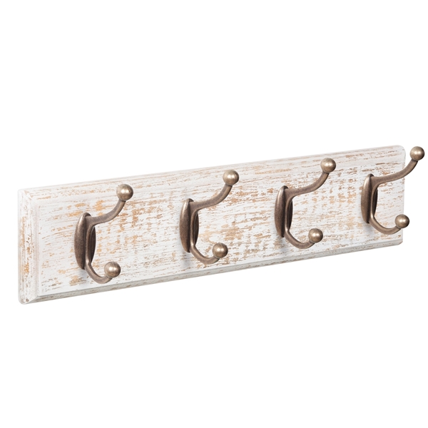 percha pared madera blanco desgastado 4 ganchos cuero viejo clasico colonial patere porte manteau en bois blanc decape 4 crochets vieux laiton classique colonial MOD 9504 BL