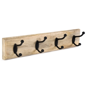 percha pared madera mango natural con 4 ganchos negros